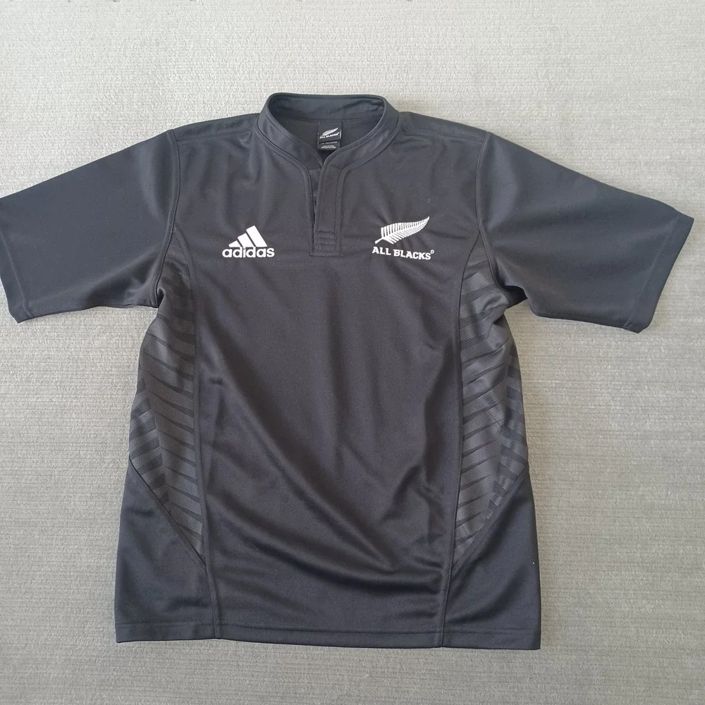 All Blacks New Zealand Adidas Rugby Jersey Men M Black Short Sleeve Stretch 2007